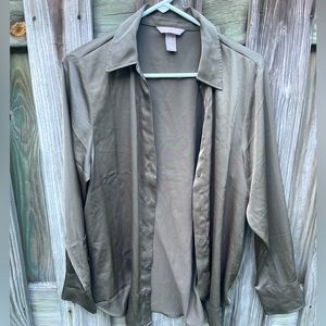 Olive green, silk button down.